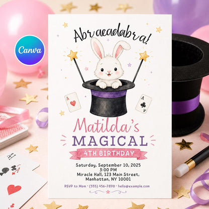 Bunny Magic 4th Birthday Invitation for Girls — editable Canva template