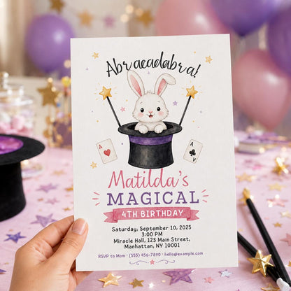 Bunny Magic 4th Birthday Invitation for Girls — invitation you personalize in Canva