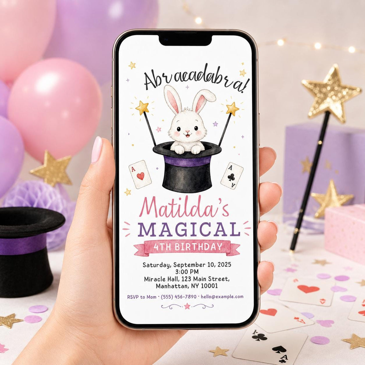 Bunny Magic 4th Birthday Invitation for Girls — print-ready 4th birthday party design from VoltBy