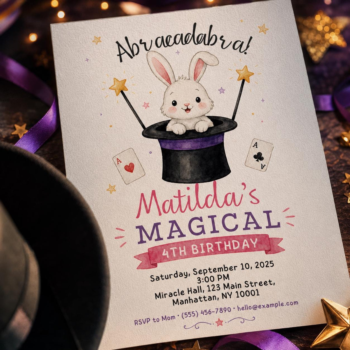 Bunny Magic 4th Birthday Invitation for Girls — digital invitation, instant download