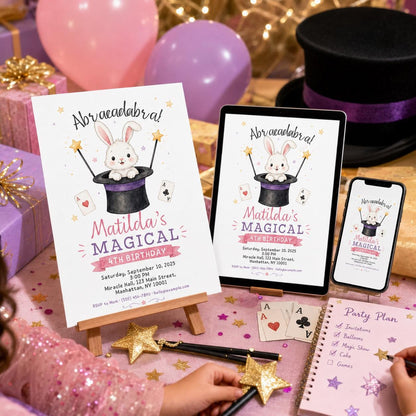 Bunny Magic 4th Birthday Invitation for Girls — 4th birthday party stationery by VoltBy