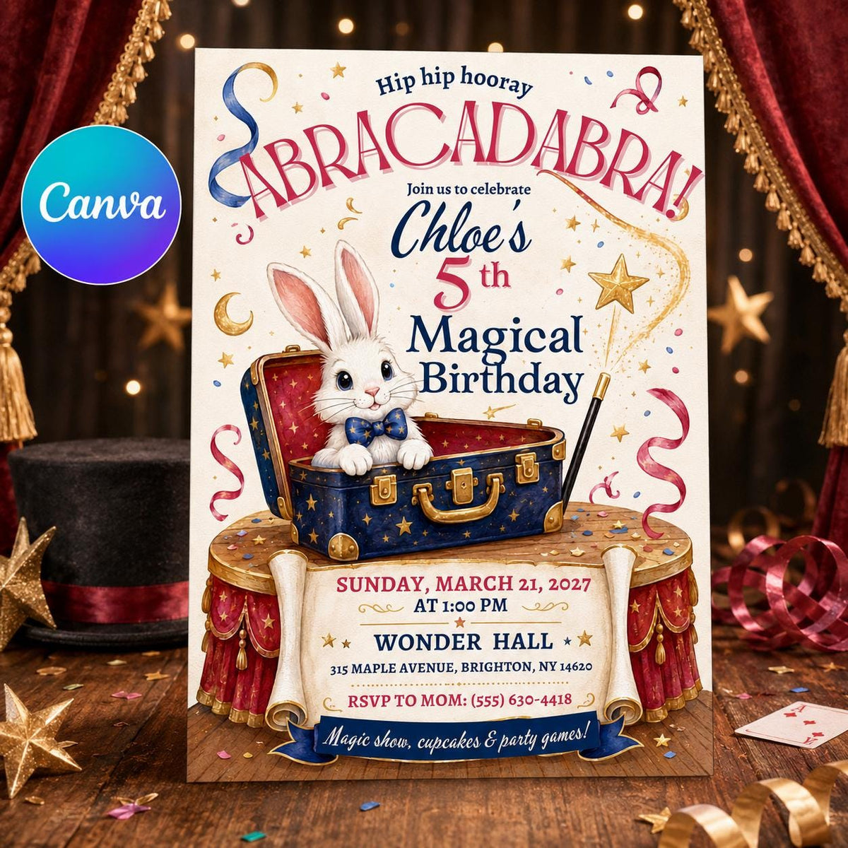 Bunny Magic Show 5th Birthday Invitation for Girls — editable Canva template