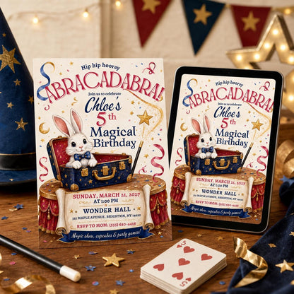 Bunny Magic Show 5th Birthday Invitation for Girls — invitation you personalize in Canva