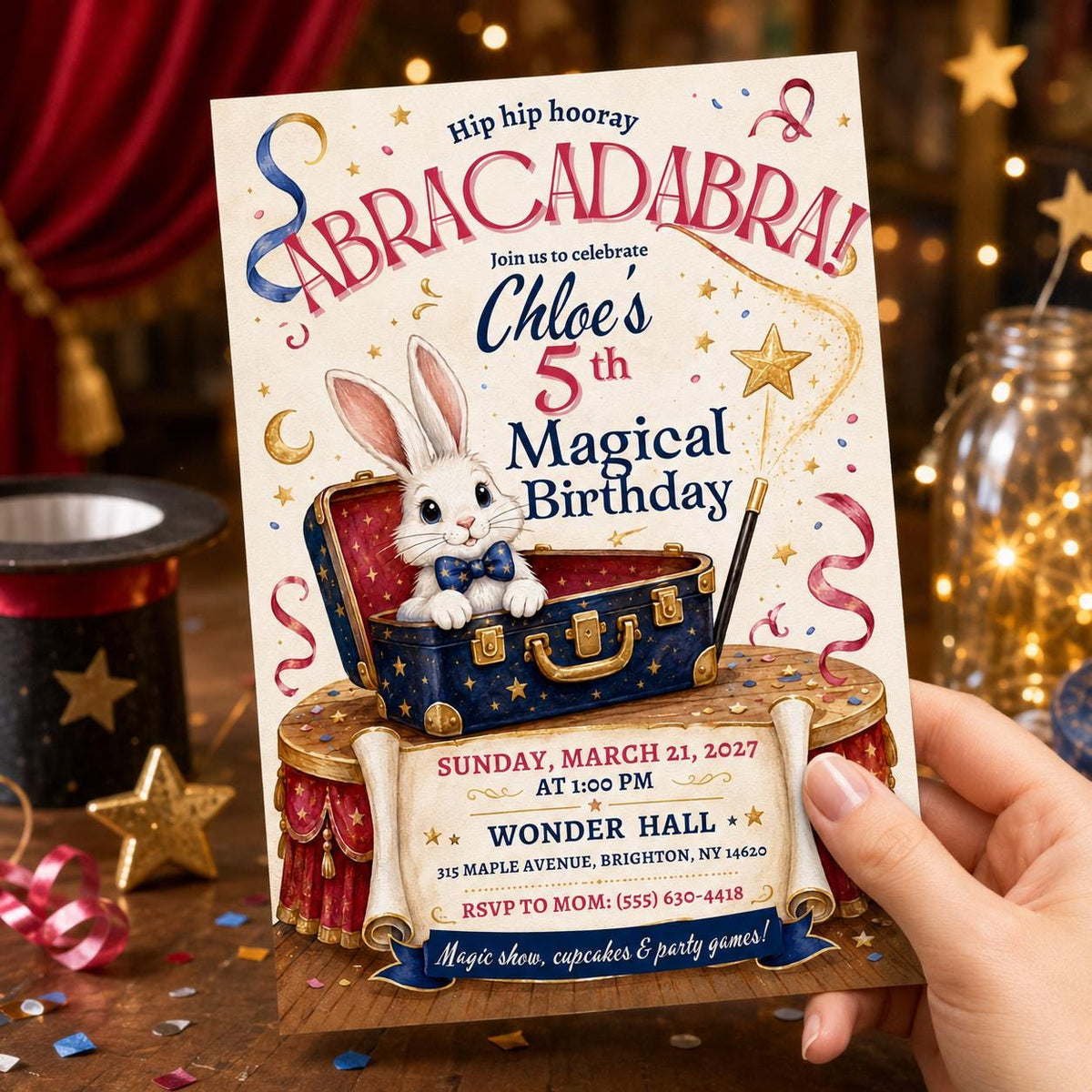 Bunny Magic Show 5th Birthday Invitation for Girls — digital invitation, instant download