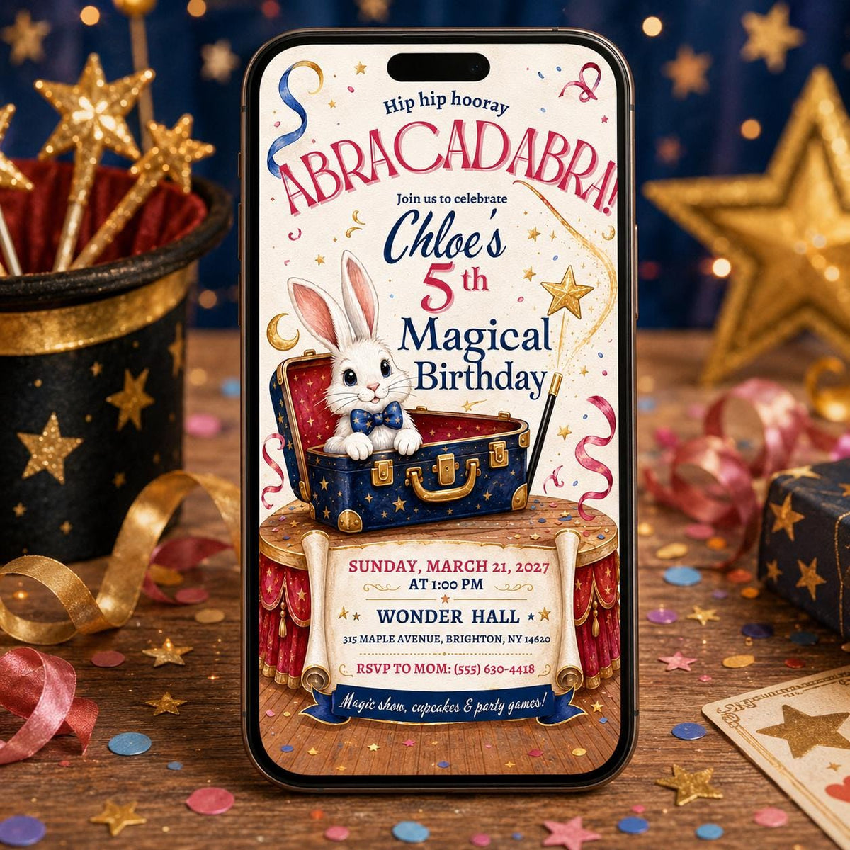 Bunny Magic Show 5th Birthday Invitation for Girls — 5th birthday party stationery by VoltBy