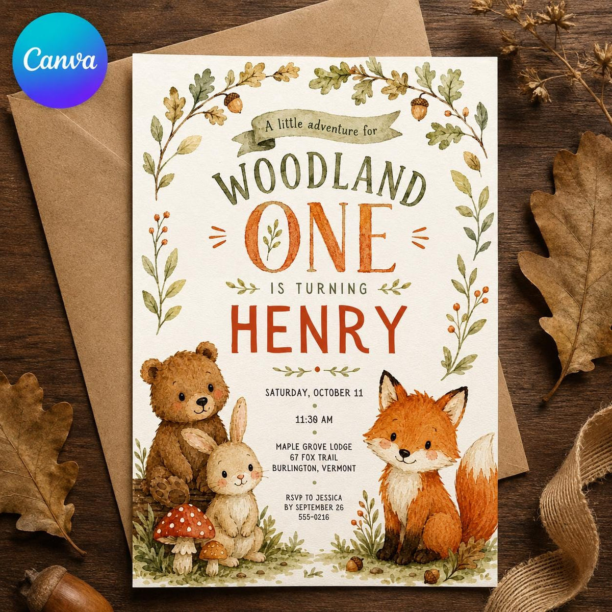 Bunny Woodland First Birthday Invitation — editable Canva template