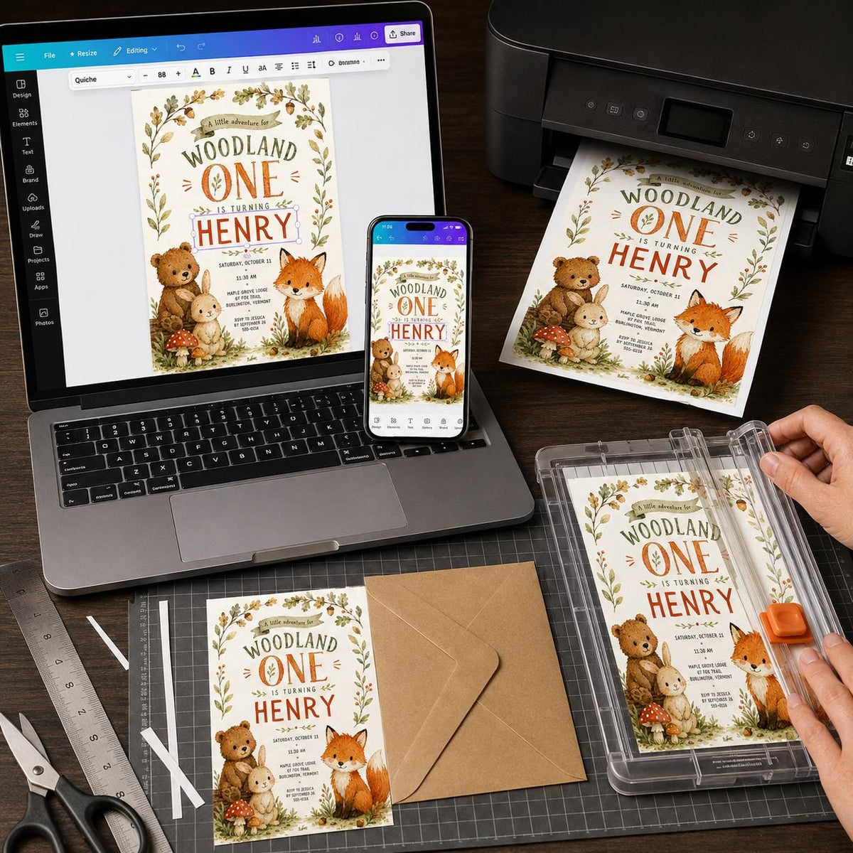 Bunny Woodland First Birthday Invitation — print-ready first birthday design from VoltBy