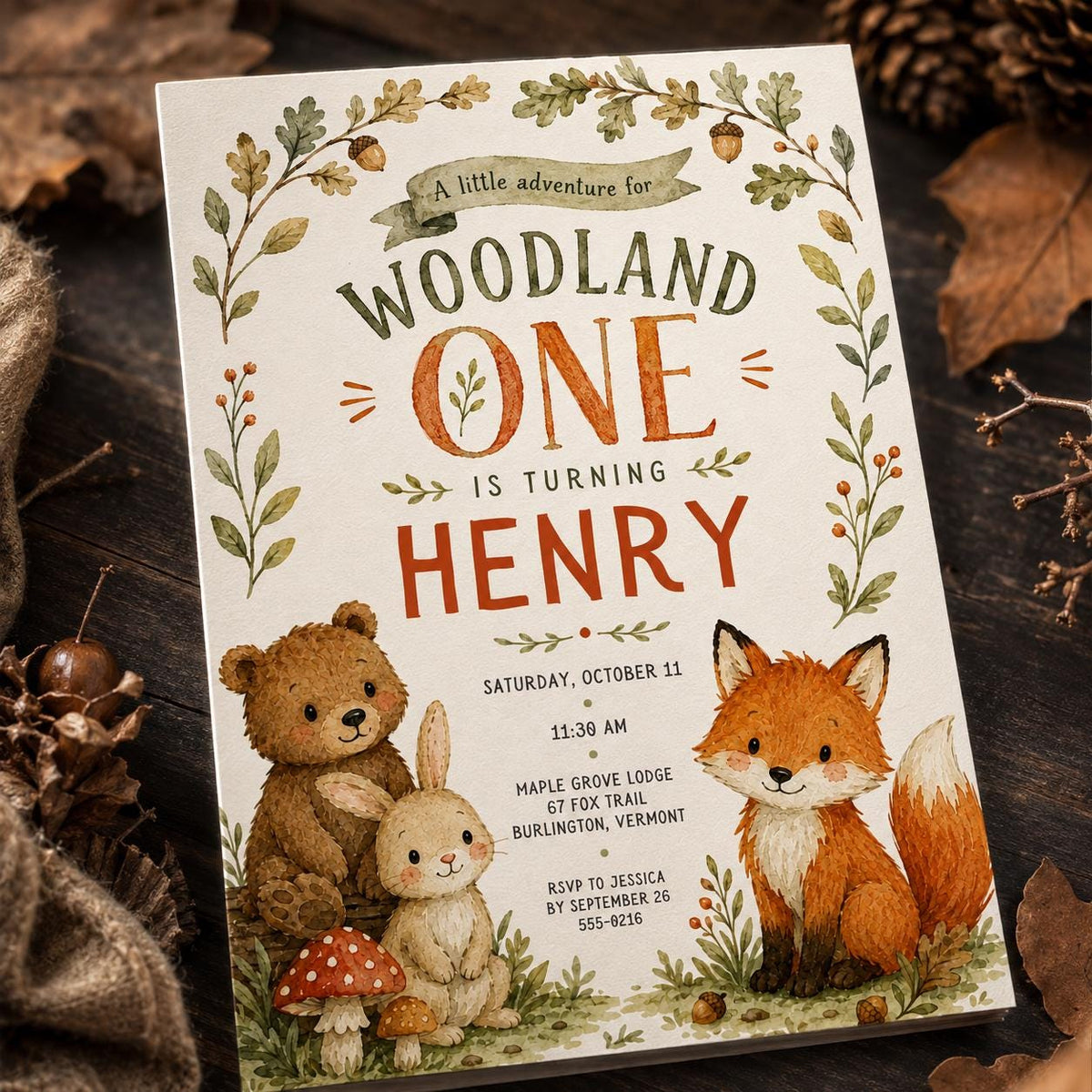 Bunny Woodland First Birthday Invitation — digital invitation, instant download
