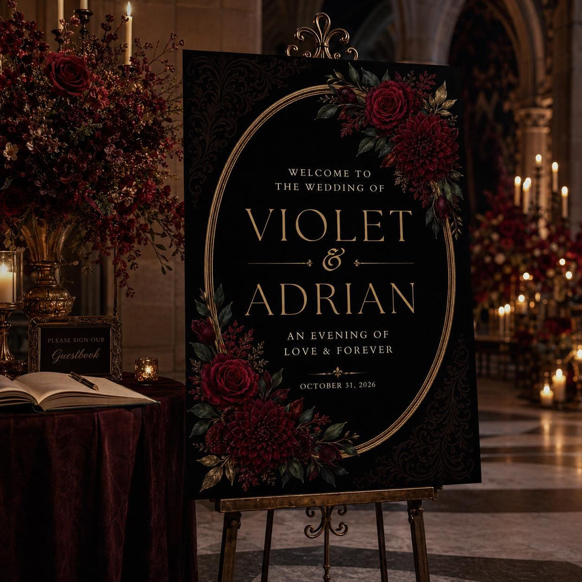 Burgundy and Black Floral Gothic Wedding Welcome Sign — digital welcome sign, instant download
