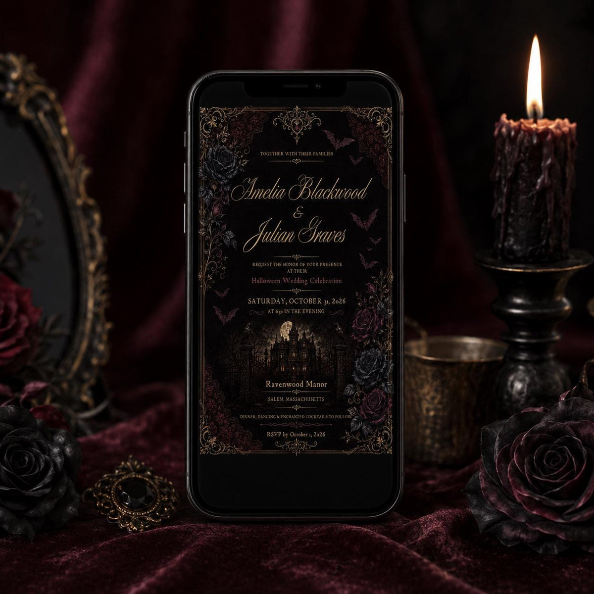 Burgundy and Black Gothic Wedding Invitation — floral wedding design