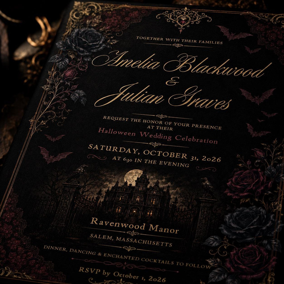 Burgundy and Black Gothic Wedding Invitation — print-ready wedding design from VoltBy