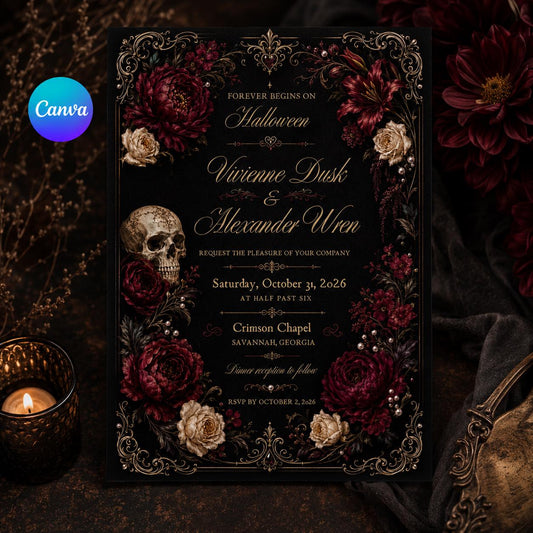 Burgundy and Black Halloween Wedding Invitation — editable Canva template