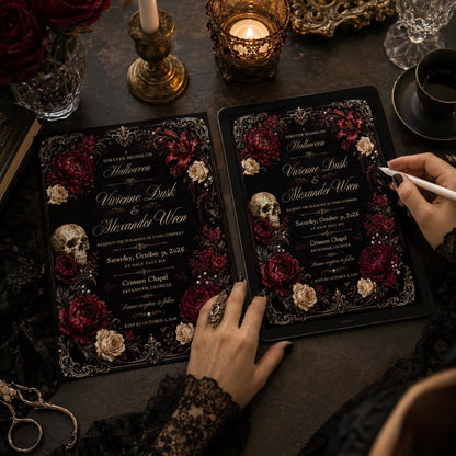 Burgundy and Black Halloween Wedding Invitation — invitation you personalize in Canva