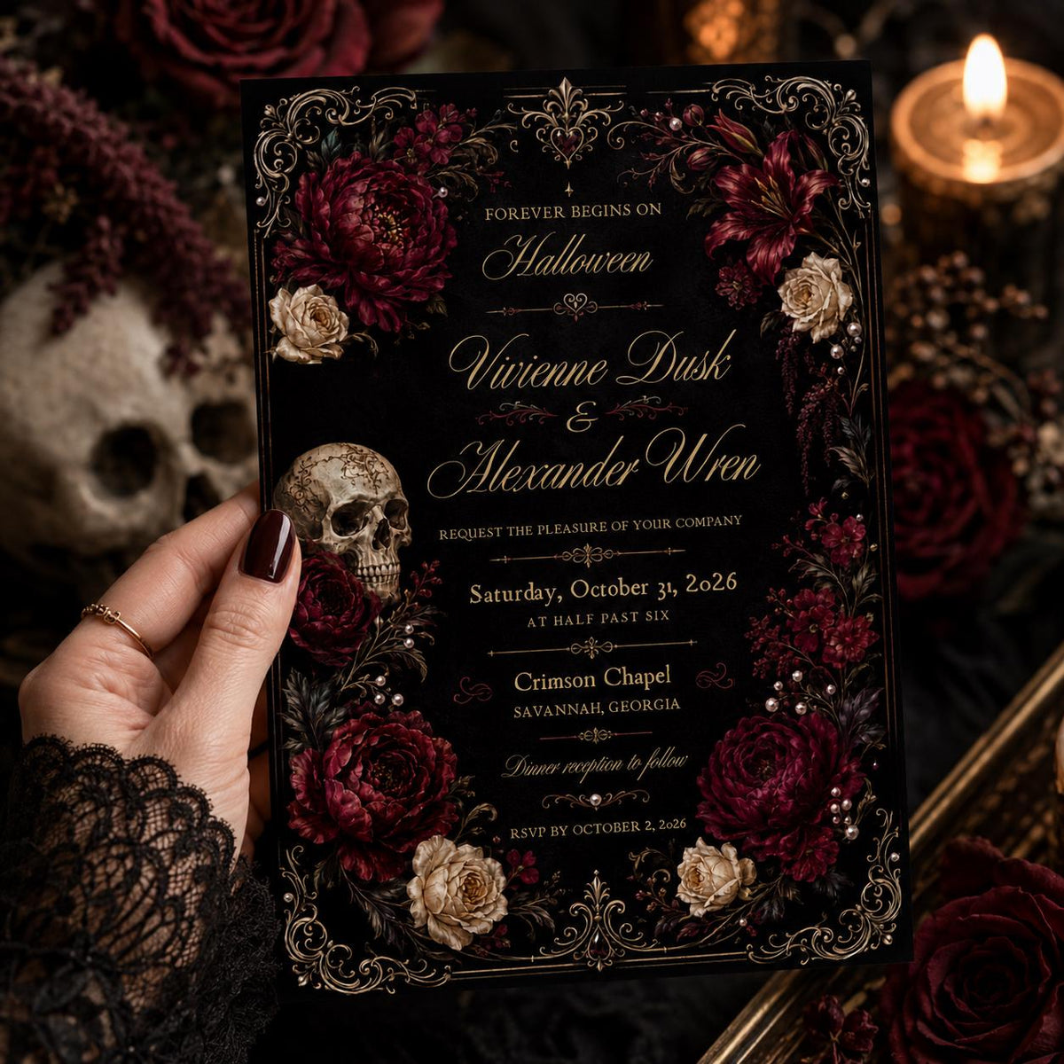 Burgundy and Black Halloween Wedding Invitation — floral wedding design