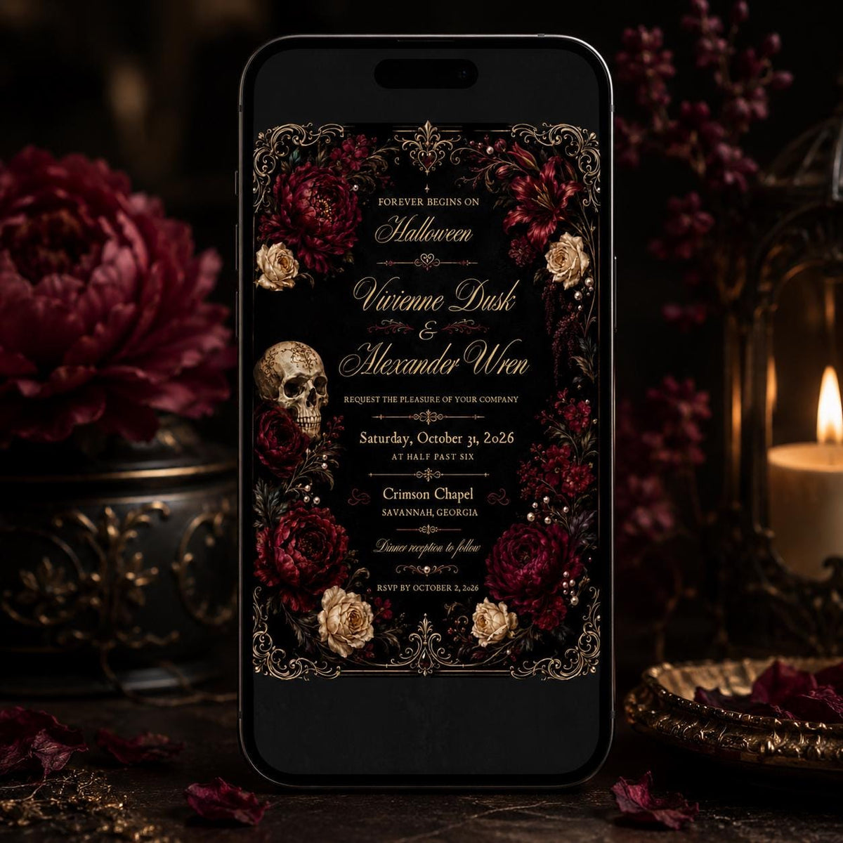 Burgundy and Black Halloween Wedding Invitation — print-ready wedding design from VoltBy