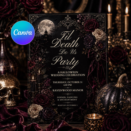 Burgundy and Black Til Death Do Us Party Wedding Invitation — editable Canva template