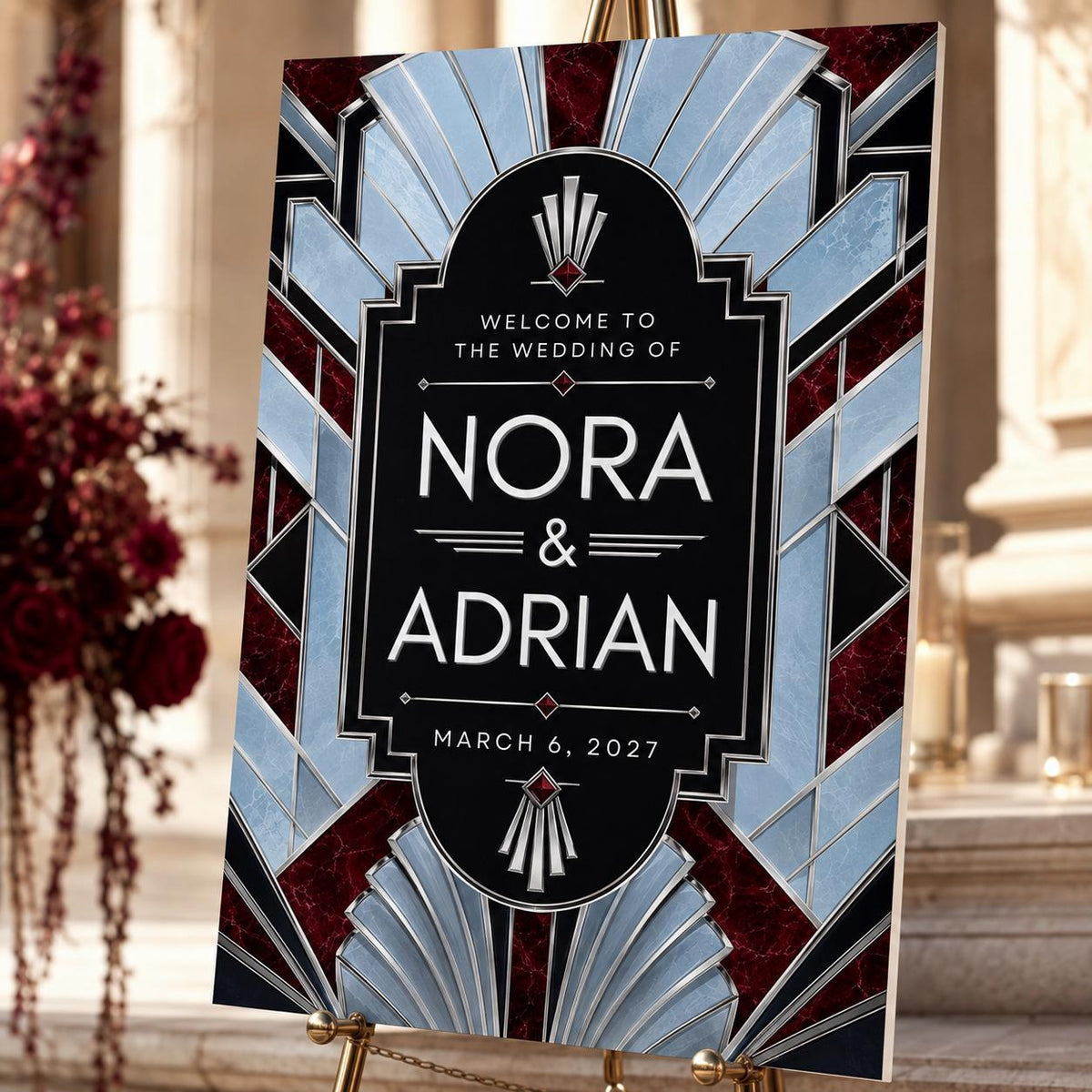 Burgundy and Blue Art Deco Wedding Welcome Sign — print-ready wedding design from VoltBy
