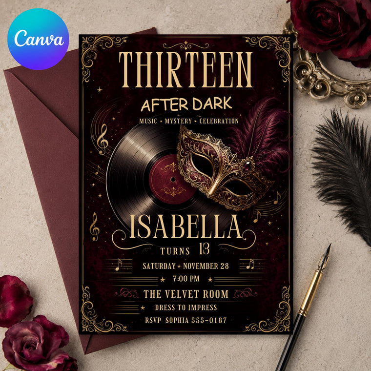 Burgundy and Gold 13th Birthday Invitation Masquerade Party