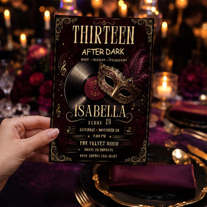 Burgundy and Gold 13th Birthday Invitation Masquerade Party — invitation you personalize in Canva