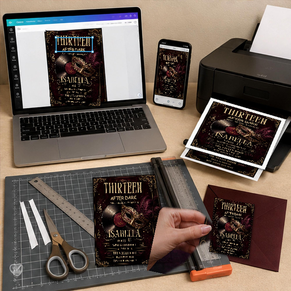 Burgundy and Gold 13th Birthday Invitation Masquerade Party — print-ready 13th birthday party design from VoltBy