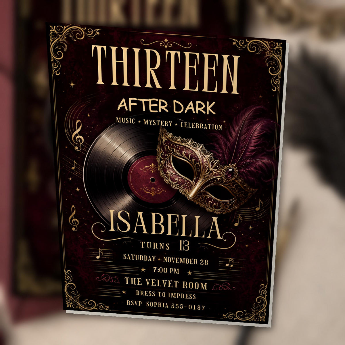 Burgundy and Gold 13th Birthday Invitation Masquerade Party — digital invitation, instant download