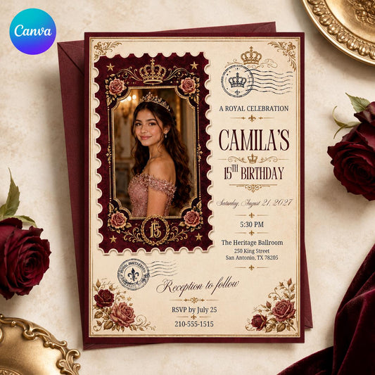 Burgundy and Gold 15th Birthday Invitation — editable Canva template
