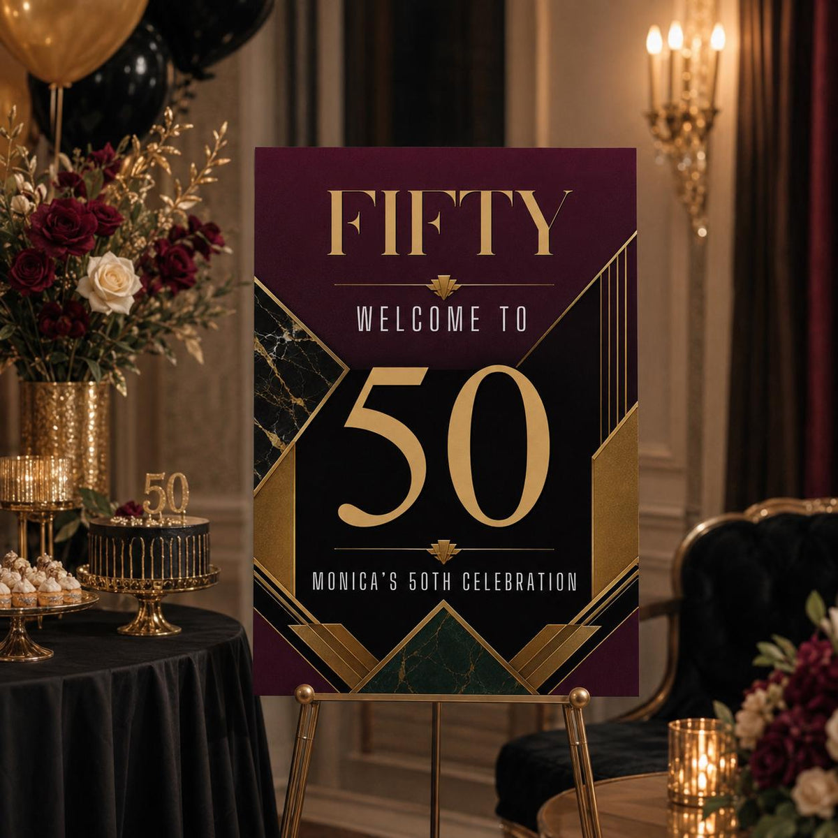 Burgundy and Gold 50th Birthday Welcome Sign — print-ready 50th birthday party design from VoltBy