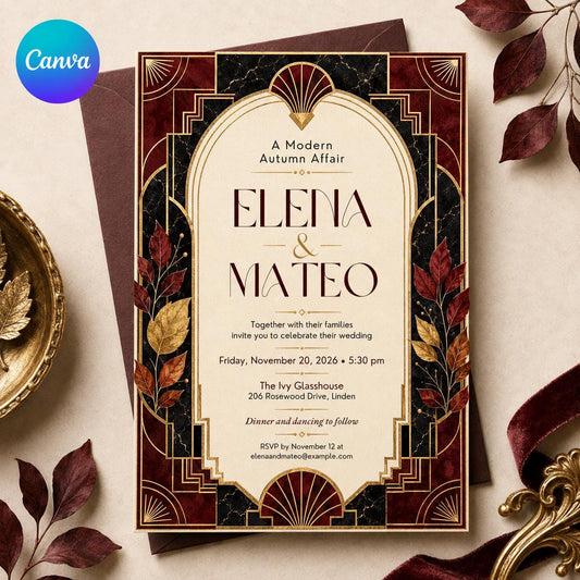 Burgundy and Gold Art Deco Autumn Wedding Invitation — editable Canva template
