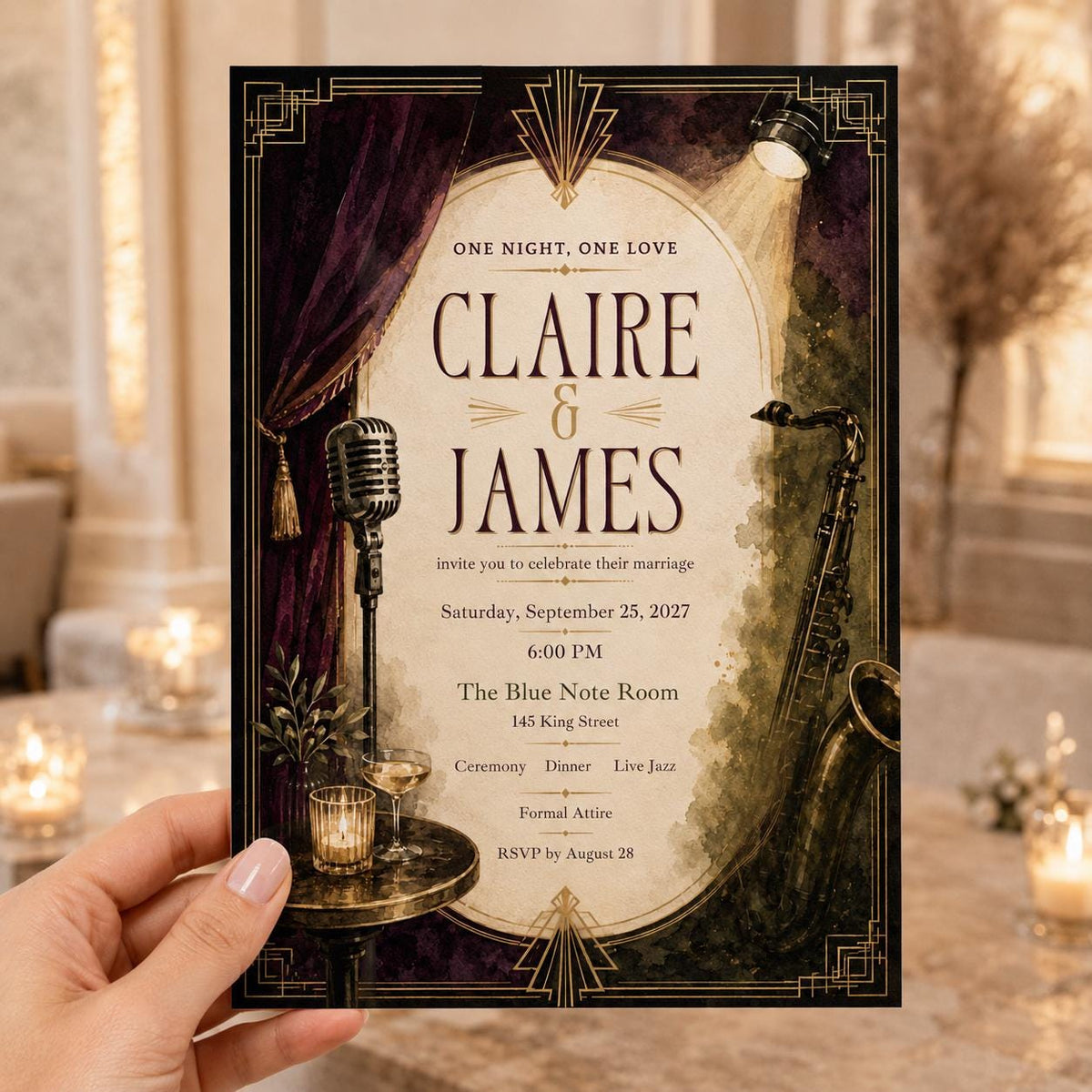 Burgundy and Gold Art Deco Jazz Wedding Invitation — print-ready wedding design from VoltBy