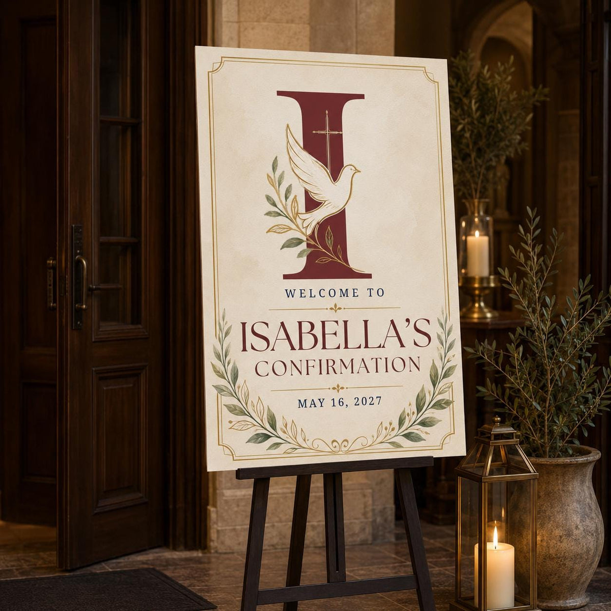 Burgundy and Gold Catholic Confirmation Welcome Sign — cross dove design