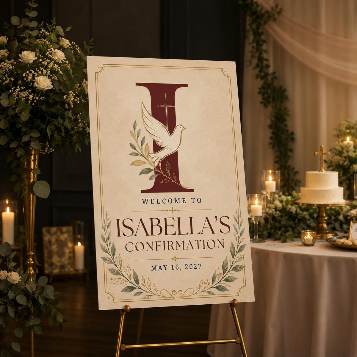 Burgundy and Gold Catholic Confirmation Welcome Sign — print-ready confirmation design from VoltBy