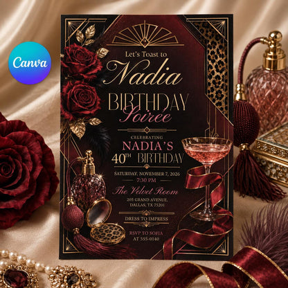 Burgundy and Gold Elegant 40th Birthday Invitation — editable Canva template