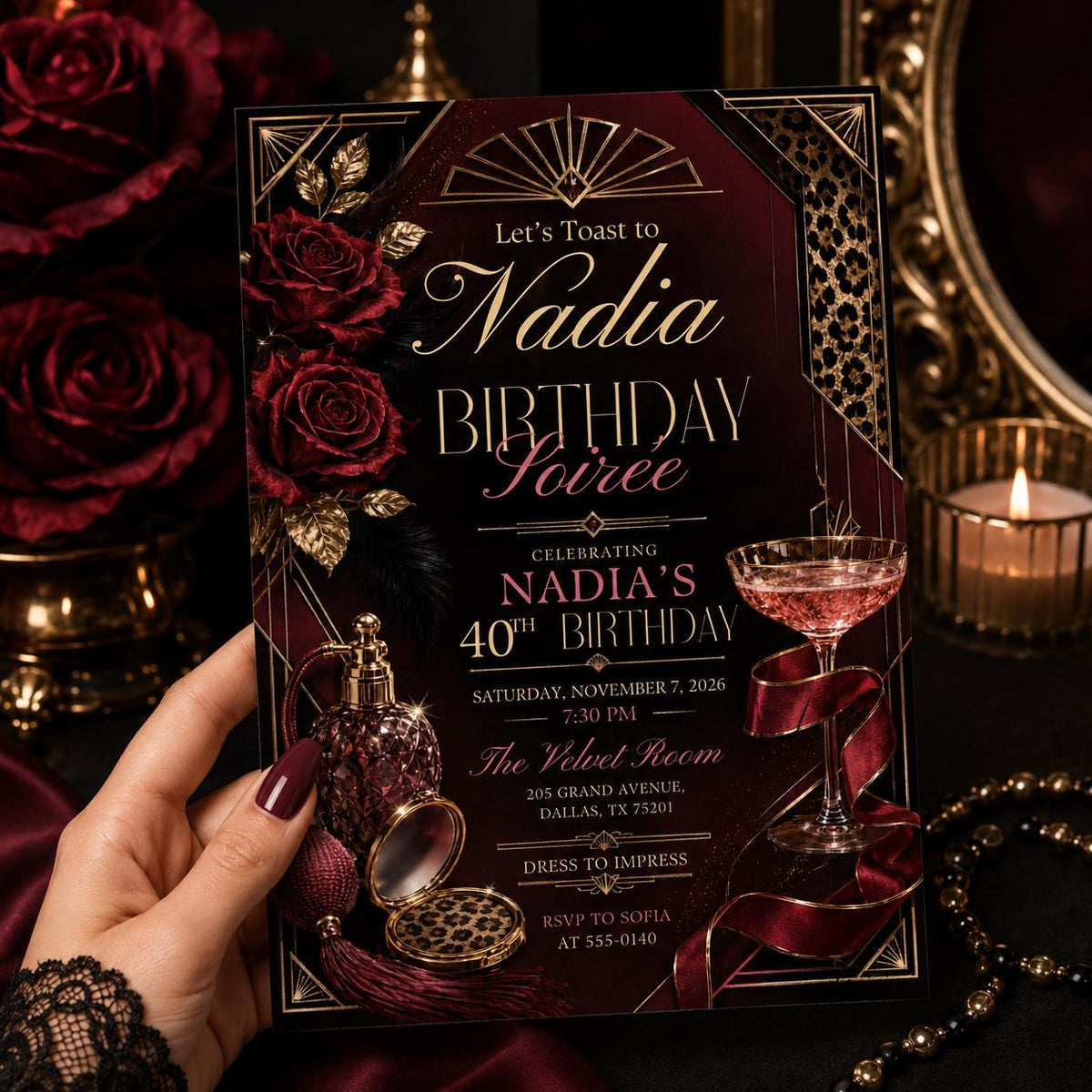 Burgundy and Gold Elegant 40th Birthday Invitation — art deco 40th birthday party design