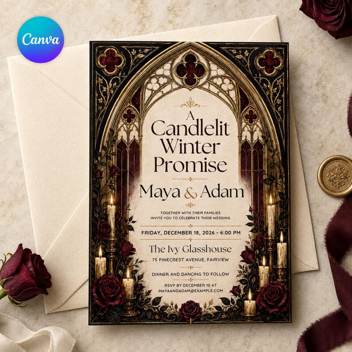 Burgundy and Gold Gothic Winter Wedding Invitation — editable Canva template