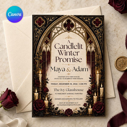 Burgundy and Gold Gothic Winter Wedding Invitation — editable Canva template