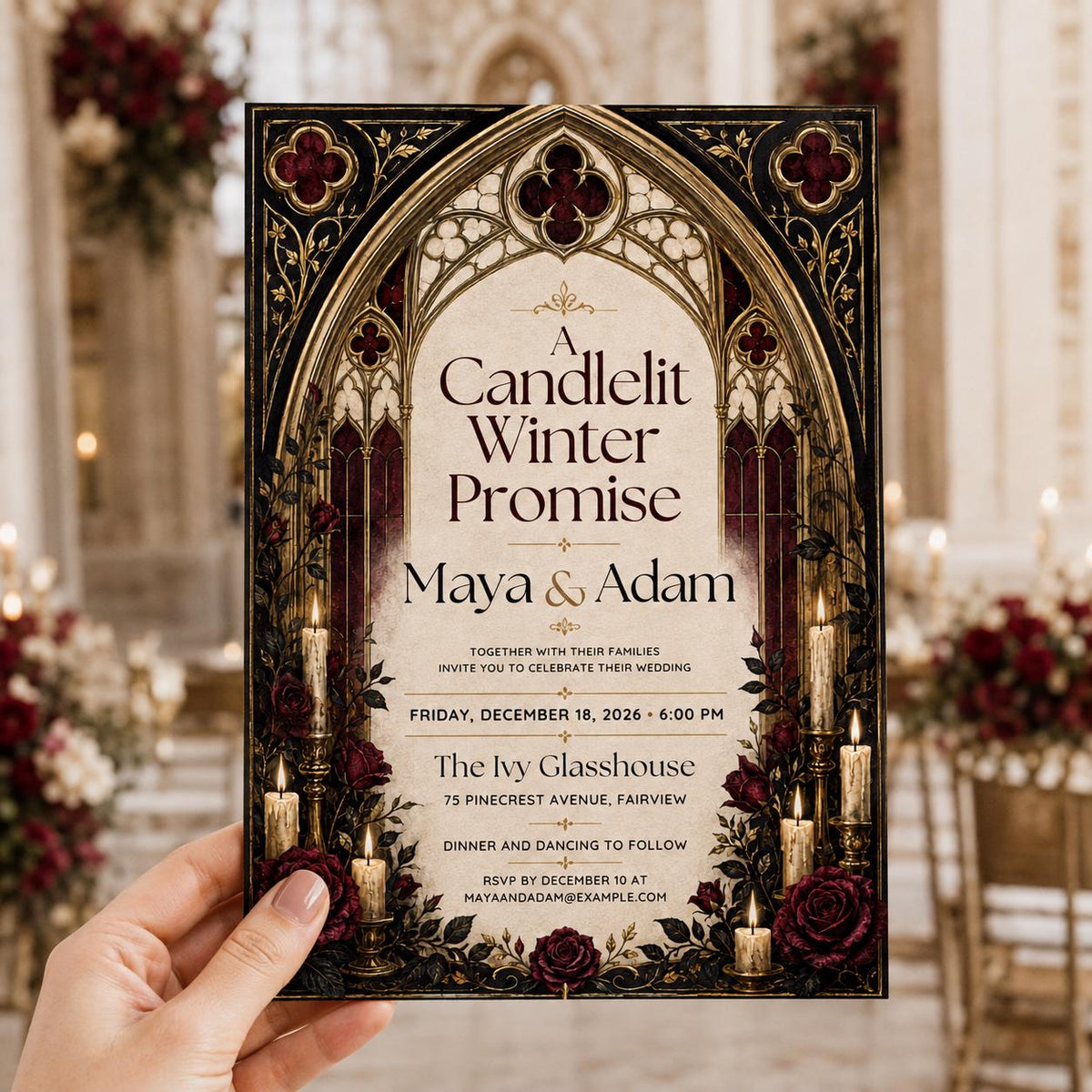 Burgundy and Gold Gothic Winter Wedding Invitation — print-ready wedding design from VoltBy