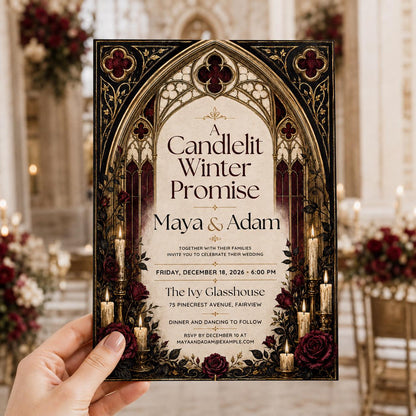 Burgundy and Gold Gothic Winter Wedding Invitation — print-ready wedding design from VoltBy
