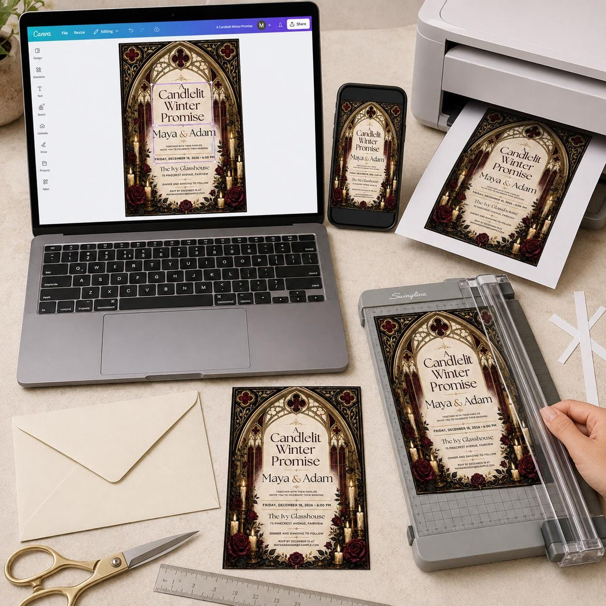 Burgundy and Gold Gothic Winter Wedding Invitation — digital invitation, instant download