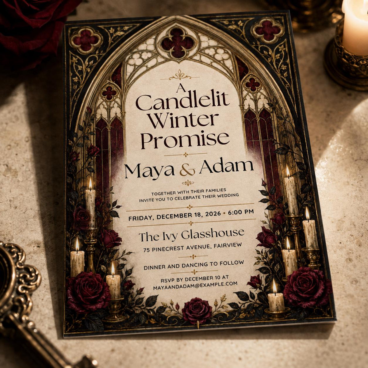Burgundy and Gold Gothic Winter Wedding Invitation — wedding stationery by VoltBy