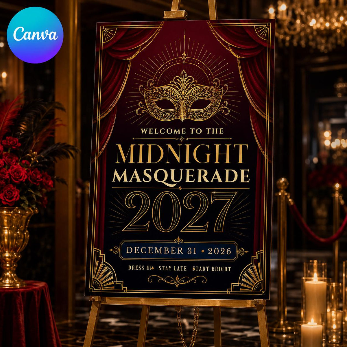 Burgundy and Gold New Year's Eve Welcome Sign 2027 — editable Canva template