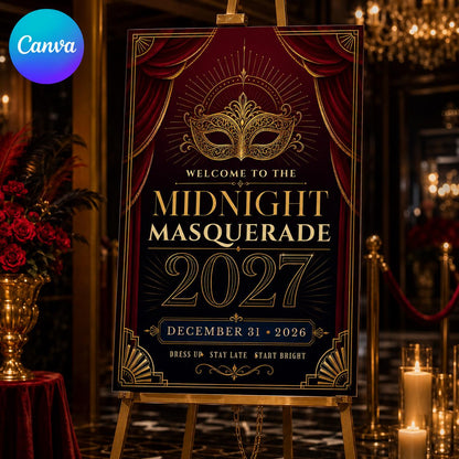 Burgundy and Gold New Year's Eve Welcome Sign 2027 — editable Canva template