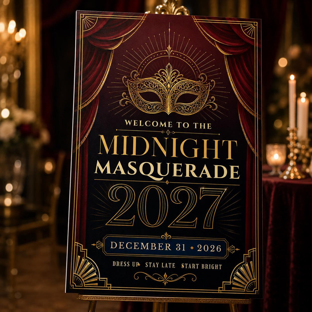 Burgundy and Gold New Year's Eve Welcome Sign 2027 — masquerade design