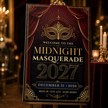 Burgundy and Gold New Year's Eve Welcome Sign 2027 — masquerade design