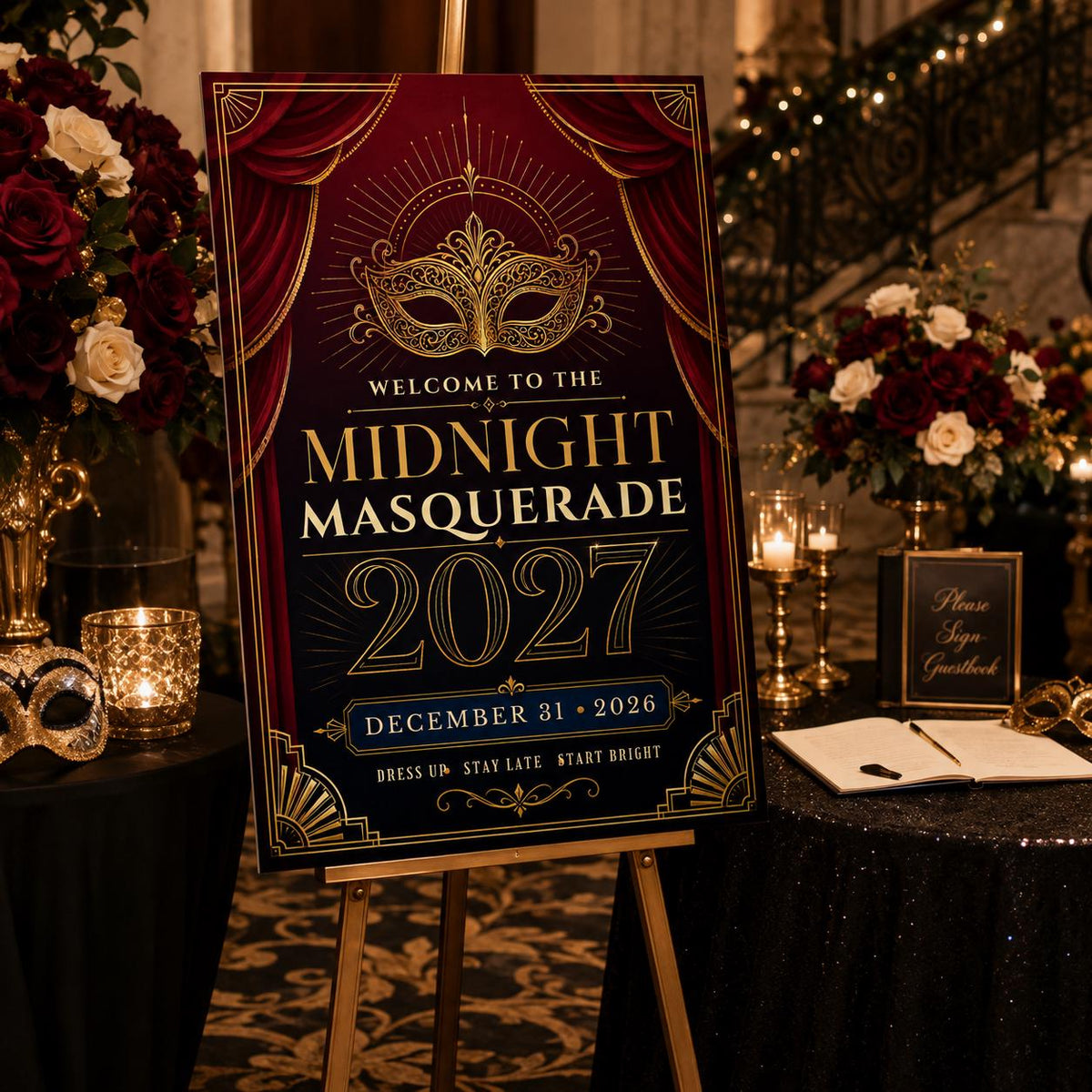 Burgundy and Gold New Year's Eve Welcome Sign 2027 — welcome sign you personalize in Canva