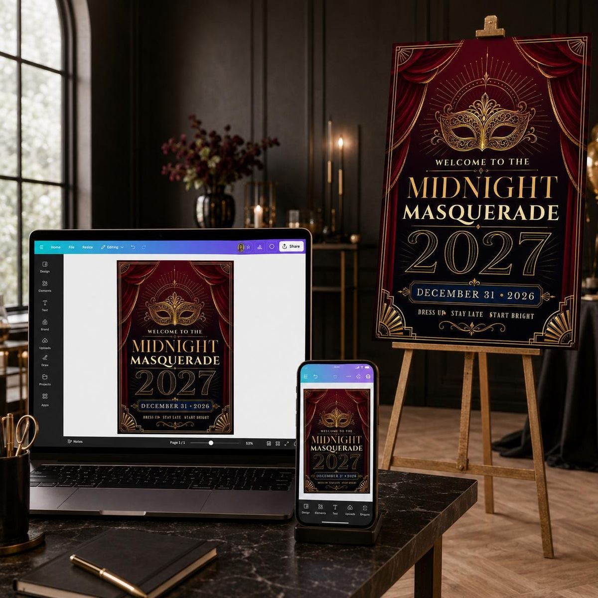 Burgundy and Gold New Year's Eve Welcome Sign 2027 — print-ready New Year party design from VoltBy