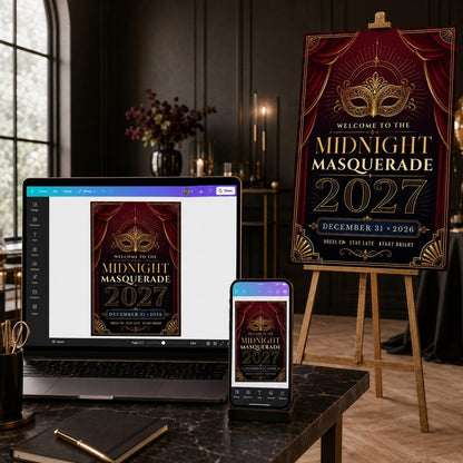 Burgundy and Gold New Year's Eve Welcome Sign 2027 — print-ready New Year party design from VoltBy