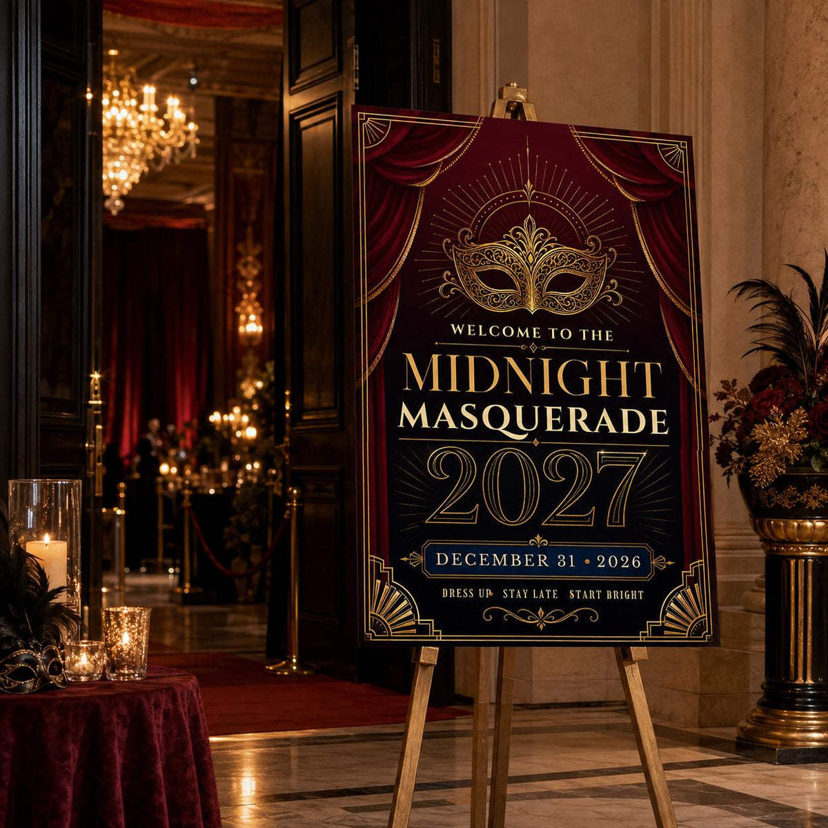 Burgundy and Gold New Year's Eve Welcome Sign 2027 — digital welcome sign, instant download