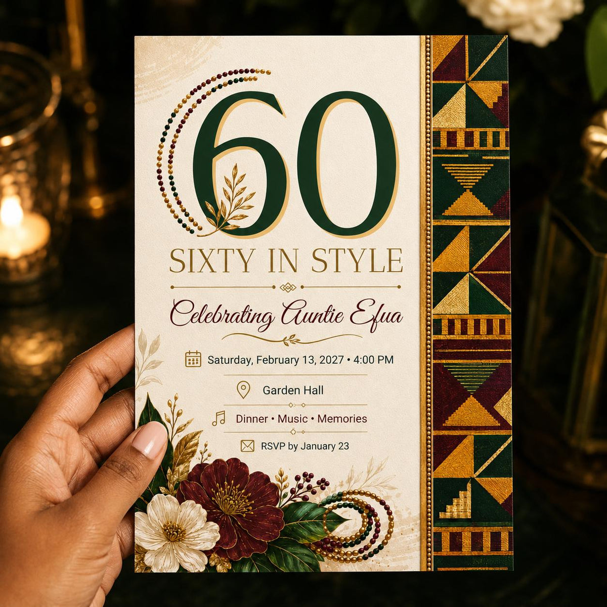 Burgundy and Green African 60th Birthday Invitation — kente design
