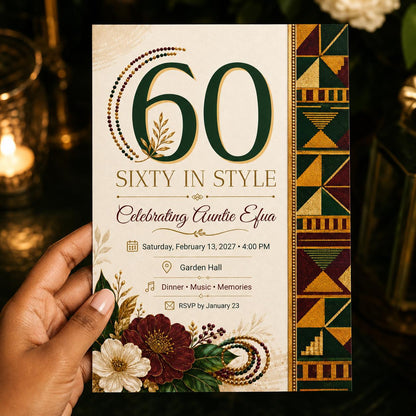 Burgundy and Green African 60th Birthday Invitation — kente design
