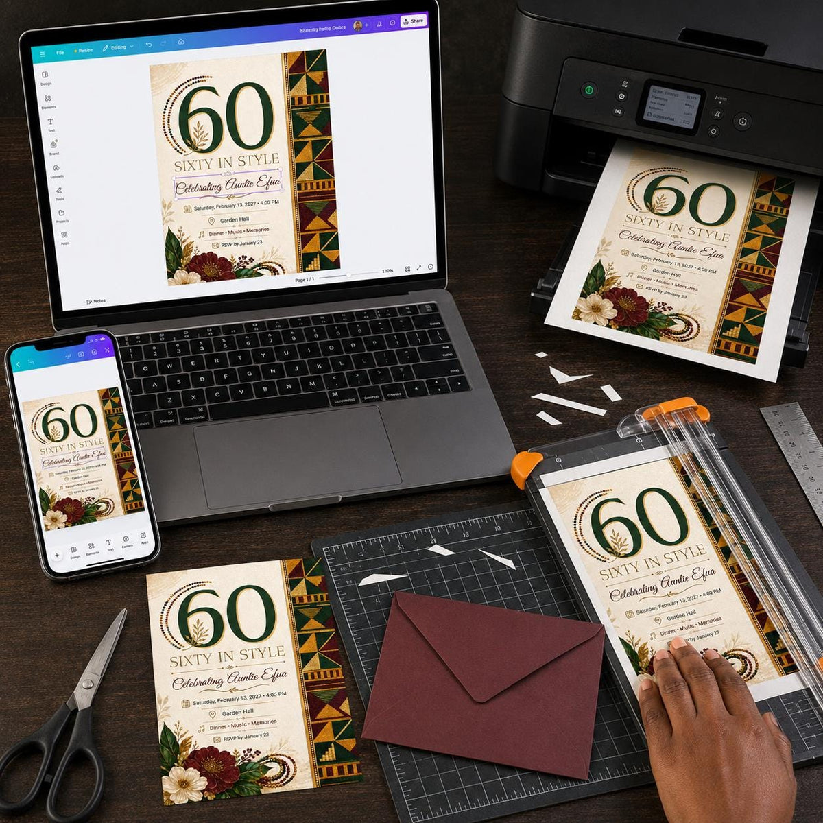Burgundy and Green African 60th Birthday Invitation — invitation you personalize in Canva
